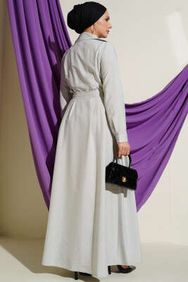 İnce Çizgili Boydan Düğmeli Elbise Taş - Elbise