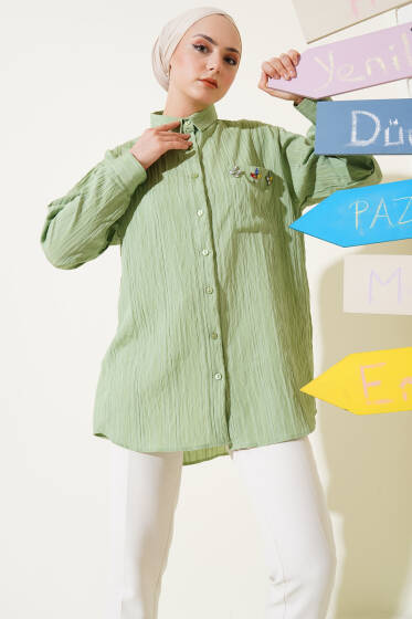 İnce Çizgili Cep Taşlı Gömlek Yeşil - Gömlek