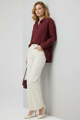 İnce Çizgili Düğmeli Gömlek Bordo - Kadın Giyim Modelleri