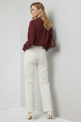 İnce Çizgili Düğmeli Gömlek Bordo - Kadın Giyim Modelleri