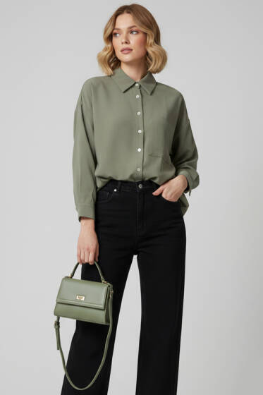 İnce Çizgili Düğmeli Gömlek Haki - Kadın Giyim Modelleri