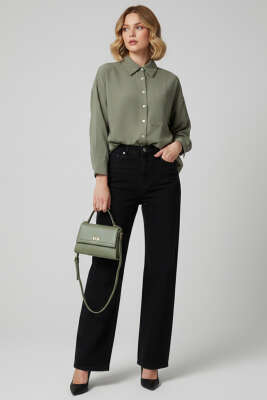 İnce Çizgili Düğmeli Gömlek Haki - Kadın Giyim Modelleri