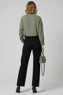 İnce Çizgili Düğmeli Gömlek Haki - Kadın Giyim Modelleri