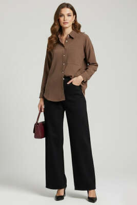 İnce Çizgili Düğmeli Gömlek Kahve - Kadın Giyim Modelleri