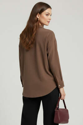 İnce Çizgili Düğmeli Gömlek Kahve - Kadın Giyim Modelleri