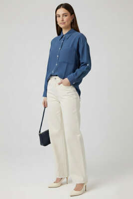 İnce Çizgili Düğmeli Gömlek Lacivert - Kadın Giyim Modelleri