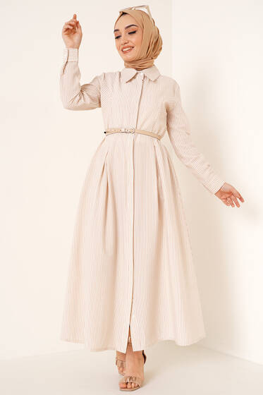 İnce Çizgili Gofre Elbise Bej - Tesettür Elbise
