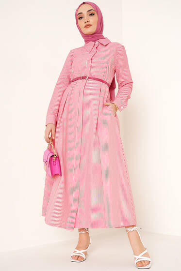 İnce Çizgili Gofre Elbise Bordo - Tesettür Elbise