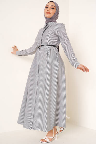 İnce Çizgili Gofre Elbise Füme - Tesettür Elbise