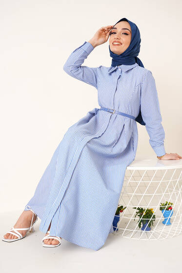 İnce Çizgili Gofre Elbise İndigo - Tesettür Elbise
