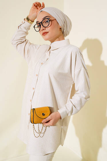 İnce Çizgili Gömlek Bej - Gömlek