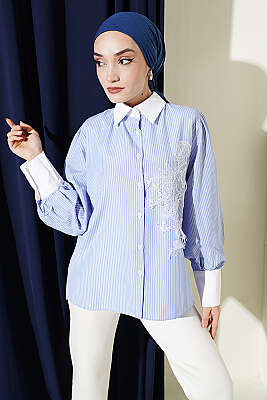 İnce Çizgili Güpür Detaylı Gömlek Mavi - MD TREND