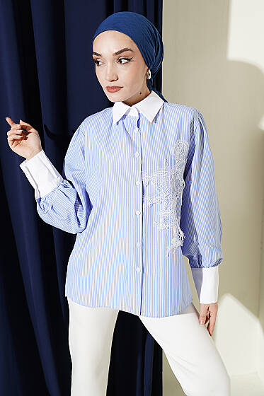 İnce Çizgili Güpür Detaylı Gömlek Mavi - Gömlek