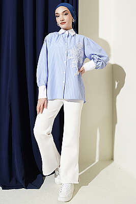 İnce Çizgili Güpür Detaylı Gömlek Mavi - Gömlek