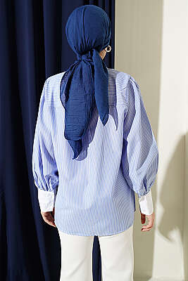 İnce Çizgili Güpür Detaylı Gömlek Mavi - Gömlek