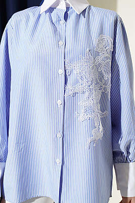 İnce Çizgili Güpür Detaylı Gömlek Mavi - Gömlek