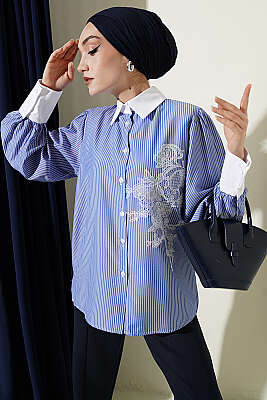 İnce Çizgili Güpür Detaylı Gömlek Saks - MD TREND