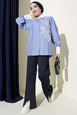 İnce Çizgili Güpür Detaylı Gömlek Saks - Gömlek