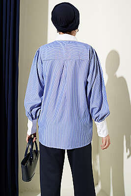 İnce Çizgili Güpür Detaylı Gömlek Saks - Gömlek