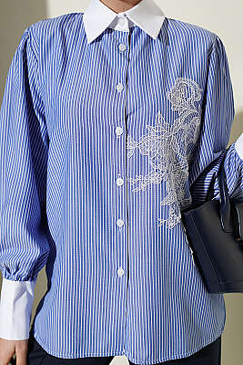 İnce Çizgili Güpür Detaylı Gömlek Saks - Gömlek