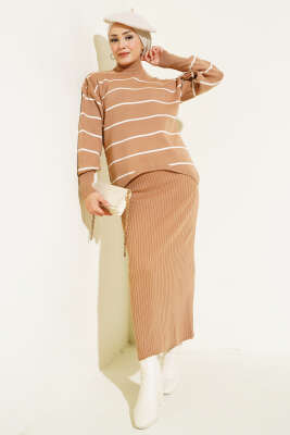 İnce Çizgili Jile Elbise Triko Takım Büsküvi - KILIÇ TRİKO