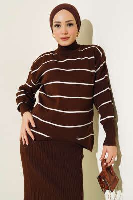 İnce Çizgili Jile Elbise Triko Takım Kahve - Triko İkili Takım
