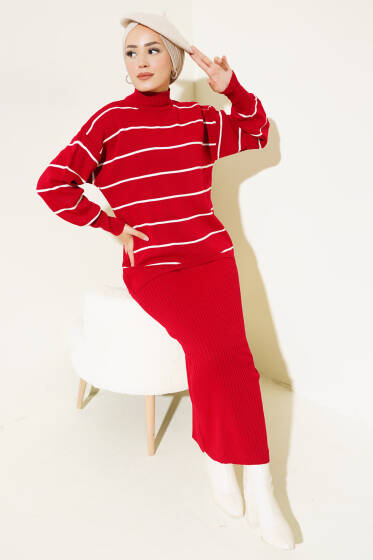 İnce Çizgili Jile Elbise Triko Takım Kırmızı - İkili Takım