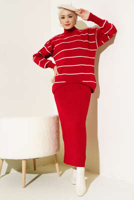 İnce Çizgili Jile Elbise Triko Takım Kırmızı - Triko İkili Takım