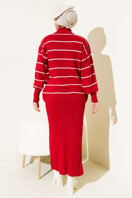 İnce Çizgili Jile Elbise Triko Takım Kırmızı - Triko İkili Takım