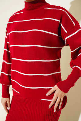 İnce Çizgili Jile Elbise Triko Takım Kırmızı - Triko İkili Takım