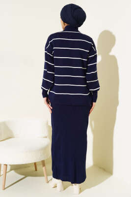 İnce Çizgili Jile Elbise Triko Takım Lacivert - Triko İkili Takım