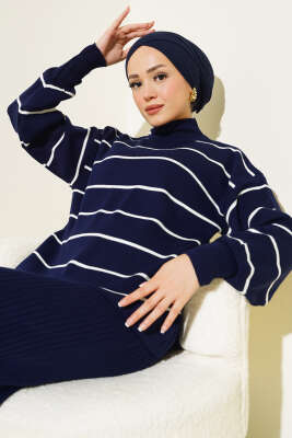 İnce Çizgili Jile Elbise Triko Takım Lacivert - Triko İkili Takım