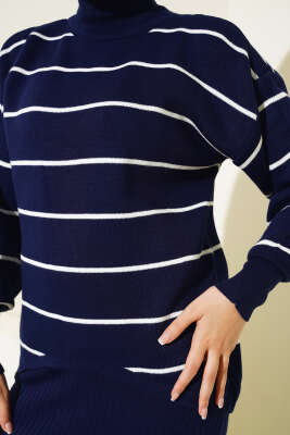 İnce Çizgili Jile Elbise Triko Takım Lacivert - Triko İkili Takım