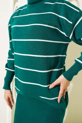 İnce Çizgili Jile Elbise Triko Takım Nefti - Triko İkili Takım