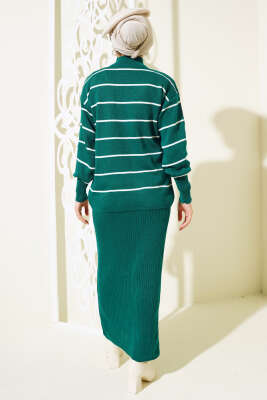 İnce Çizgili Jile Elbise Triko Takım Nefti - Triko İkili Takım