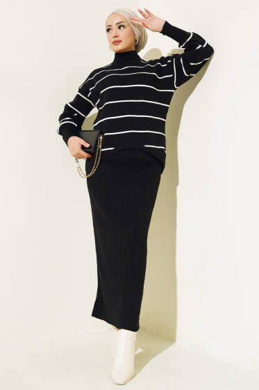 İnce Çizgili Jile Elbise Triko Takım Siyah - İkili Takım
