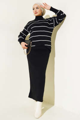 İnce Çizgili Jile Elbise Triko Takım Siyah - KILIÇ TRİKO