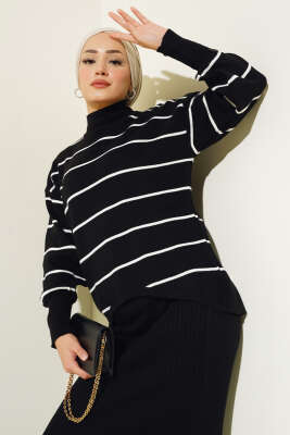 İnce Çizgili Jile Elbise Triko Takım Siyah - Triko İkili Takım