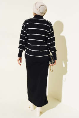 İnce Çizgili Jile Elbise Triko Takım Siyah - Triko İkili Takım