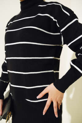 İnce Çizgili Jile Elbise Triko Takım Siyah - Triko İkili Takım