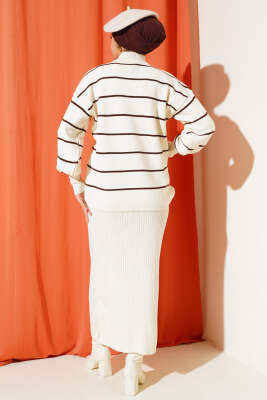 İnce Çizgili Jile Elbise Triko Takım Taş - Triko İkili Takım