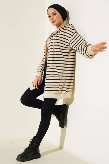 İnce Çizgili Kapüşonlu Fermuarlı Hırka Siyah - Hırka