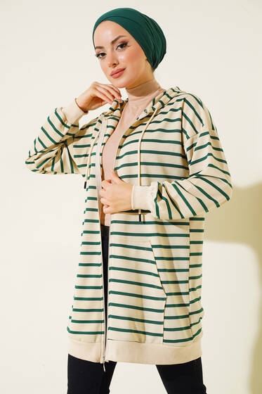 İnce Çizgili Kapüşonlu Fermuarlı Hırka Zümrüt - Hırka