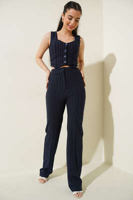 İnce Çizgili Kısa Yelek Lacivert - Yılın Fırsatı