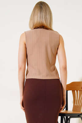 İnce Çizgili Kısa Yelek Latte - Kadın Giyim Modelleri