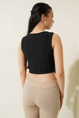 İnce Çizgili Kısa Yelek Siyah - Yılın Fırsatı