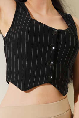 İnce Çizgili Kısa Yelek Siyah - Yılın Fırsatı