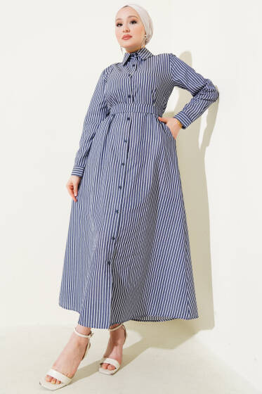 İnce Çizgili Kuşaklı Düğmeli Elbise Lacivert - Elbise
