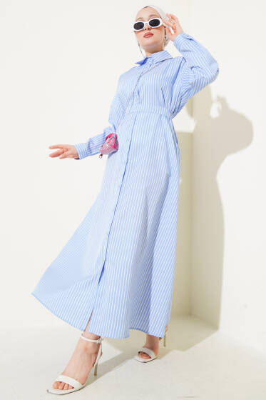 İnce Çizgili Kuşaklı Düğmeli Elbise Mavi - Elbise