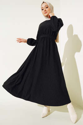 İnce Çizgili Kuşaklı Elbise Siyah - Thumbnail